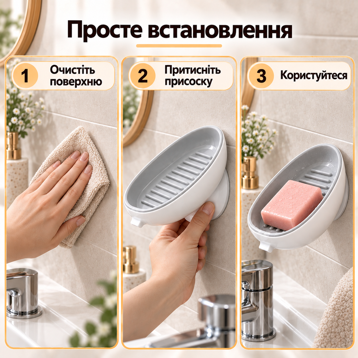 Мильниця на вакуумній присосці з дренажем, для кускового мила, встановлення без свердління, біло-сіра-thumbmail-5