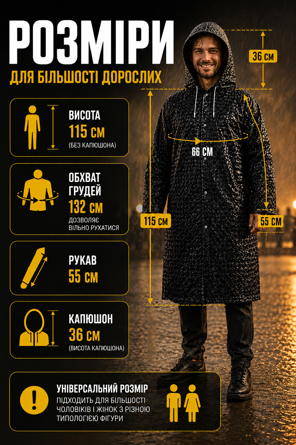Жіночий чоловічий дощовик One Size з капюшоном від дощу (довгий унісекс плащ на кнопках)-thumbmail-7