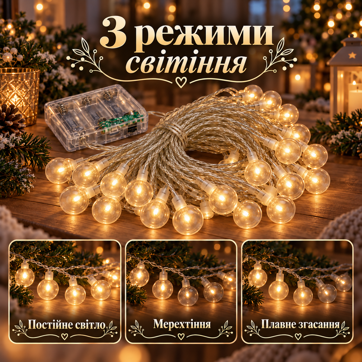 Гірлянда кульки 6 м, 40 кульок, тепле біле світло, на батарейках, 3 режими роботи-thumbmail-6
