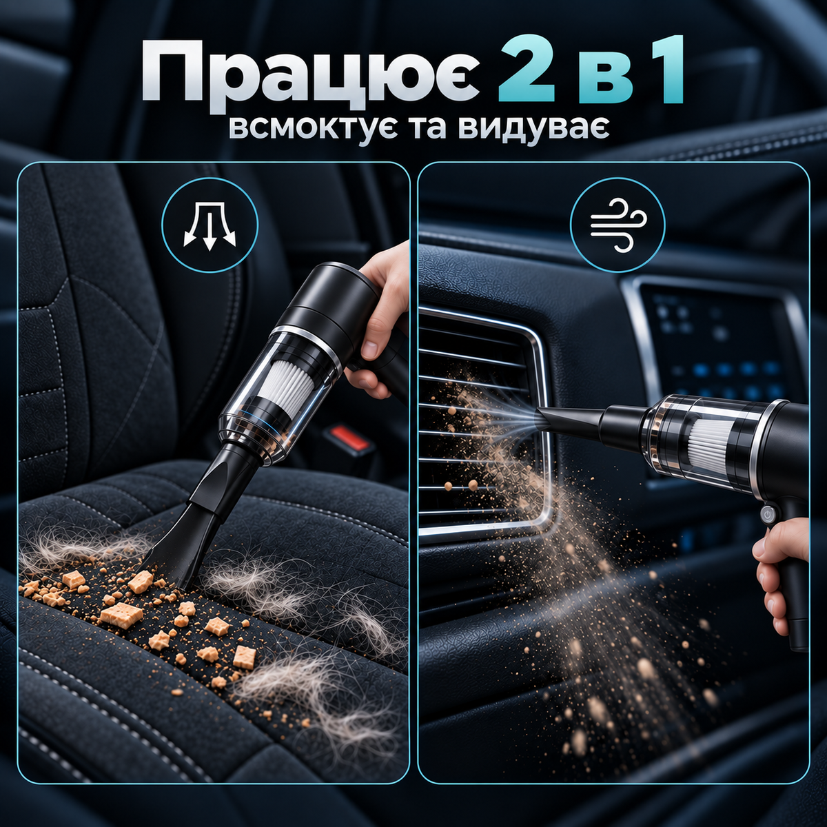 Пилосос автомобільний ручний акумуляторний з реверсним режимом видування 6500 Па USB Type-C-thumbmail-4
