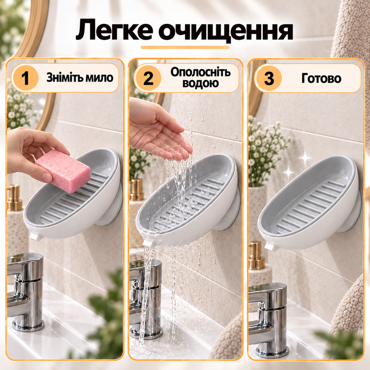 Мильниця на вакуумній присосці з дренажем, для кускового мила, встановлення без свердління, біло-сіра-thumbmail-6