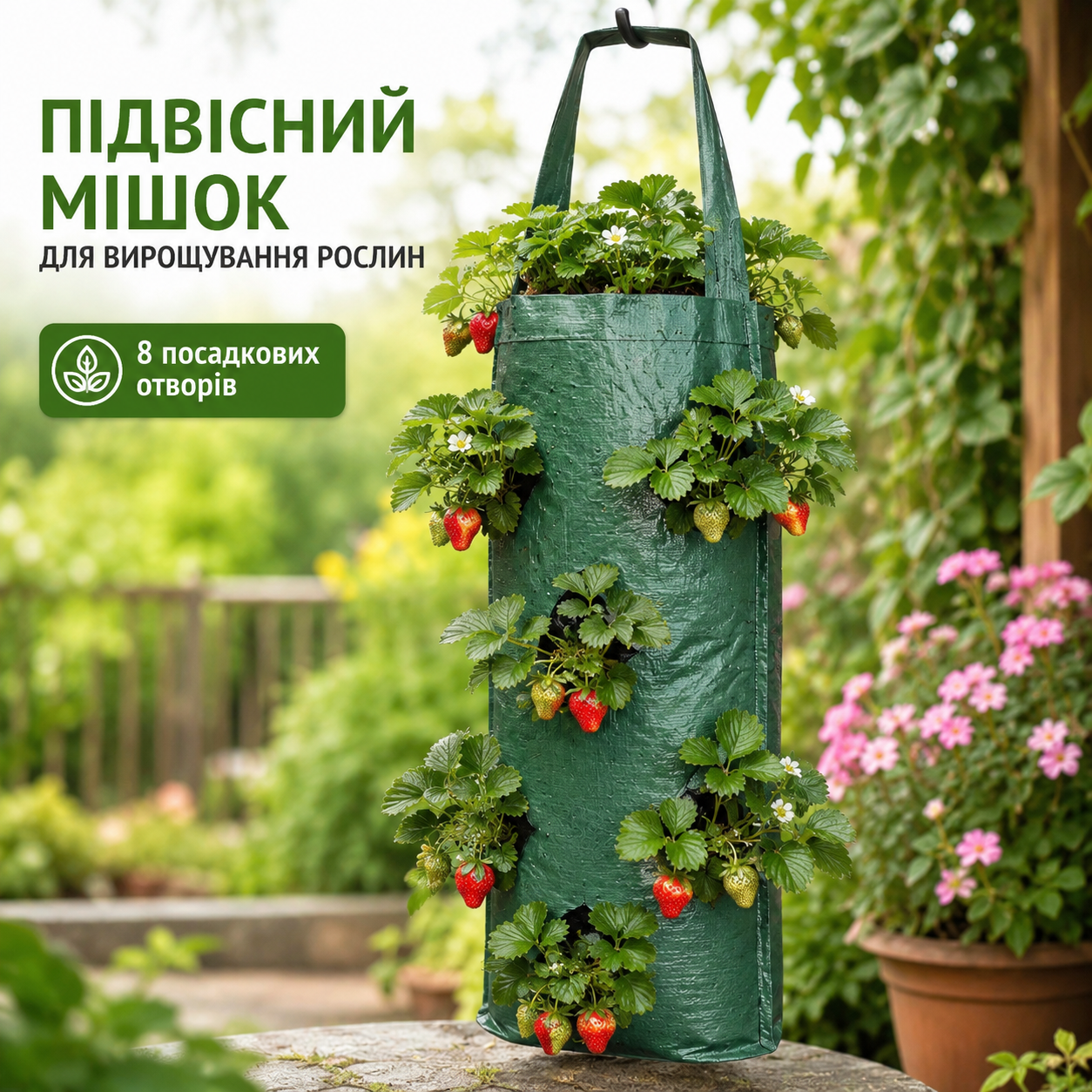 Підвісний багаторазовий мішок для вирощування полуниці, зелені та квітів, 8 посадкових отворів, 70×25 см, зелений-thumbmail-3