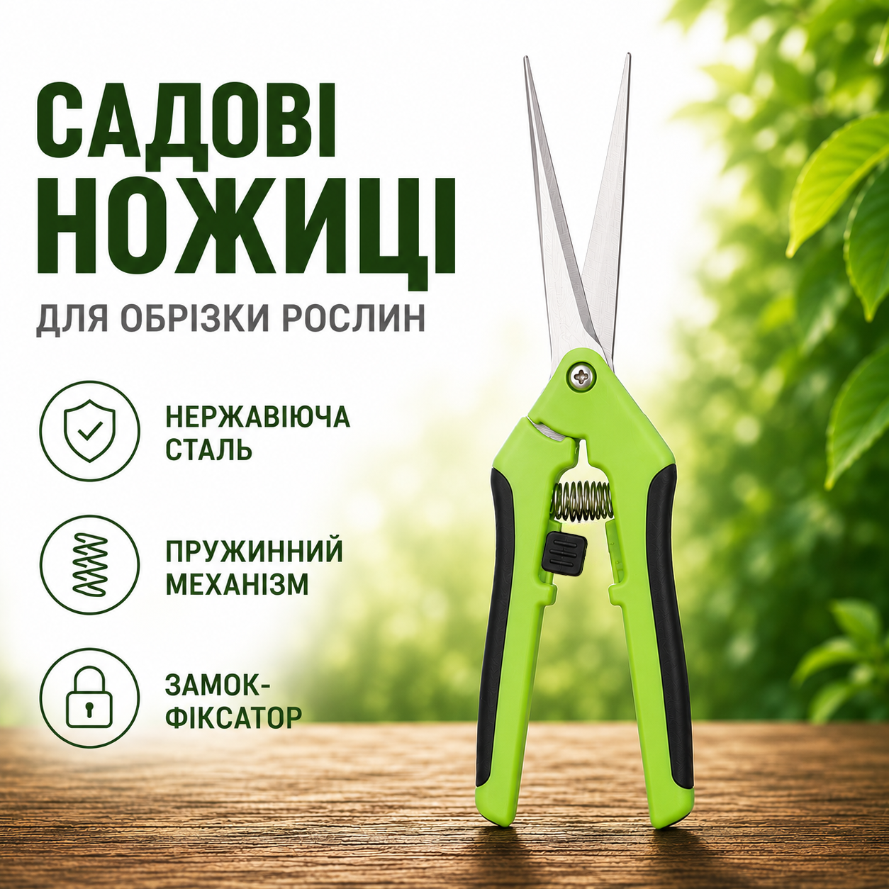Садові ножиці для обрізки рослин з лезами з нержавіючої сталі, пружинним механізмом та замком-фіксатором, 17 см