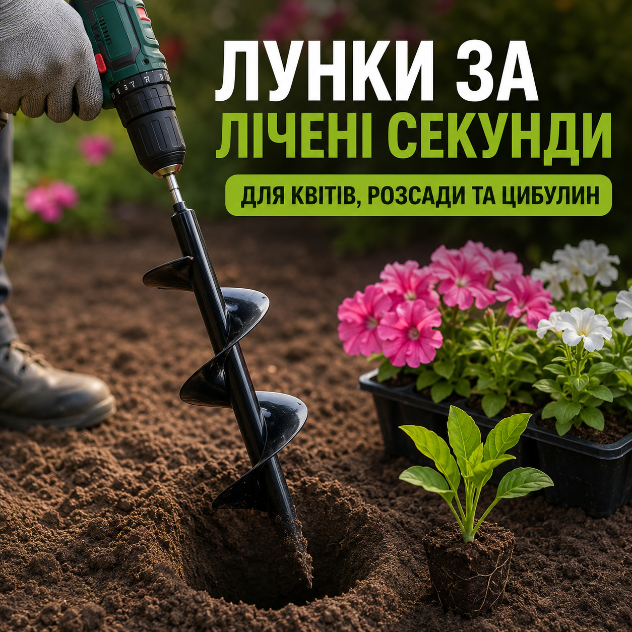 Садовий шнековий бур для дриля та шуруповерта 8×30 см для посадки рослин і розсади, інструментальна сталь