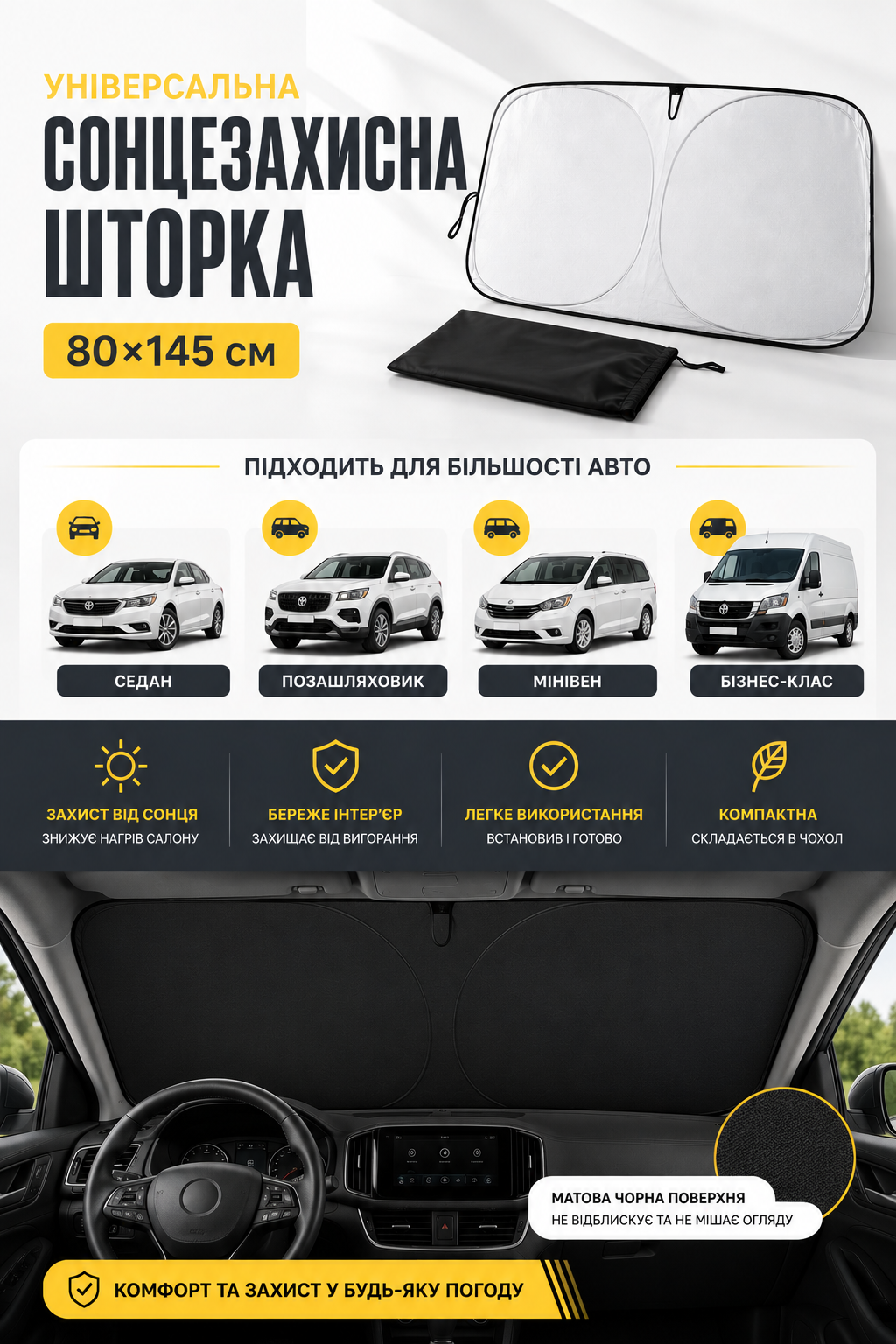 Сонцезахисна шторка на лобове скло автомобіля (екран для вікна машини) 80×145 см