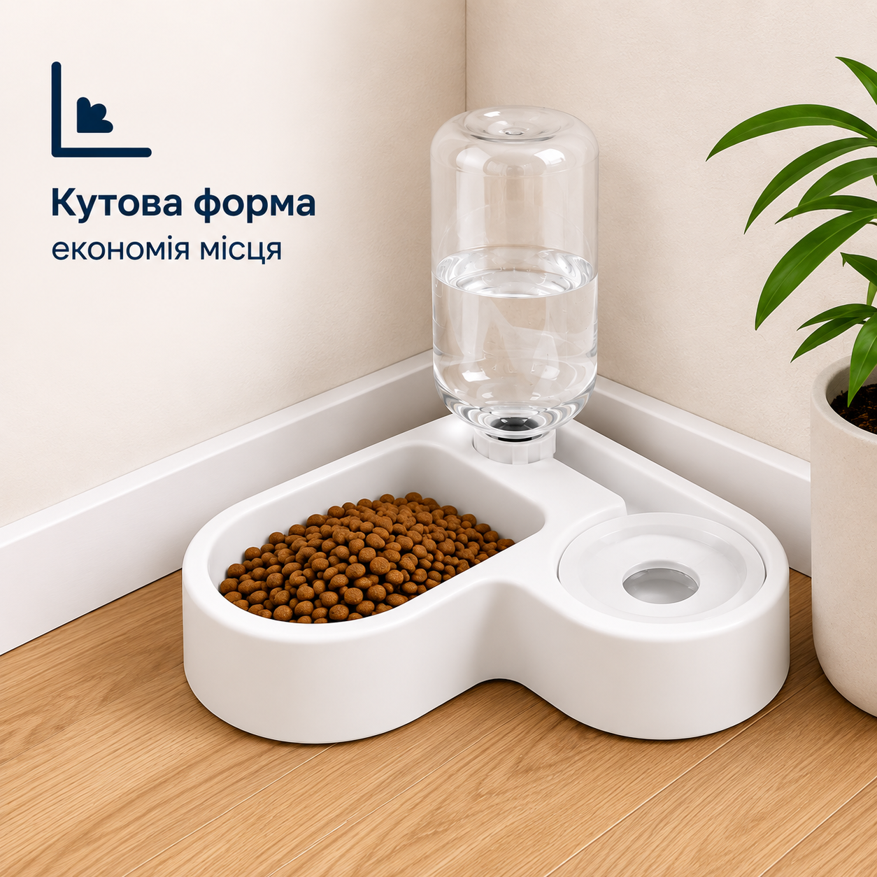 Миска з автопоїлкою 2 в 1 для котів і собак, 500 мл, кутова, для корму та води, біла