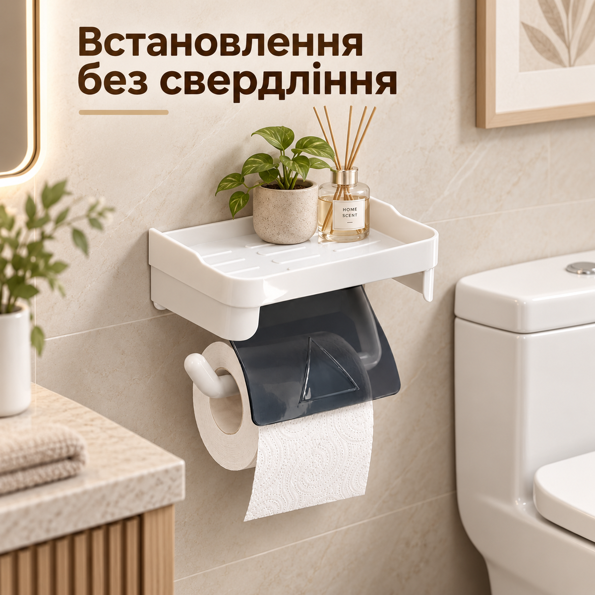 Настінний тримач для туалетного паперу з полицею, без свердління, білий-thumbmail-2