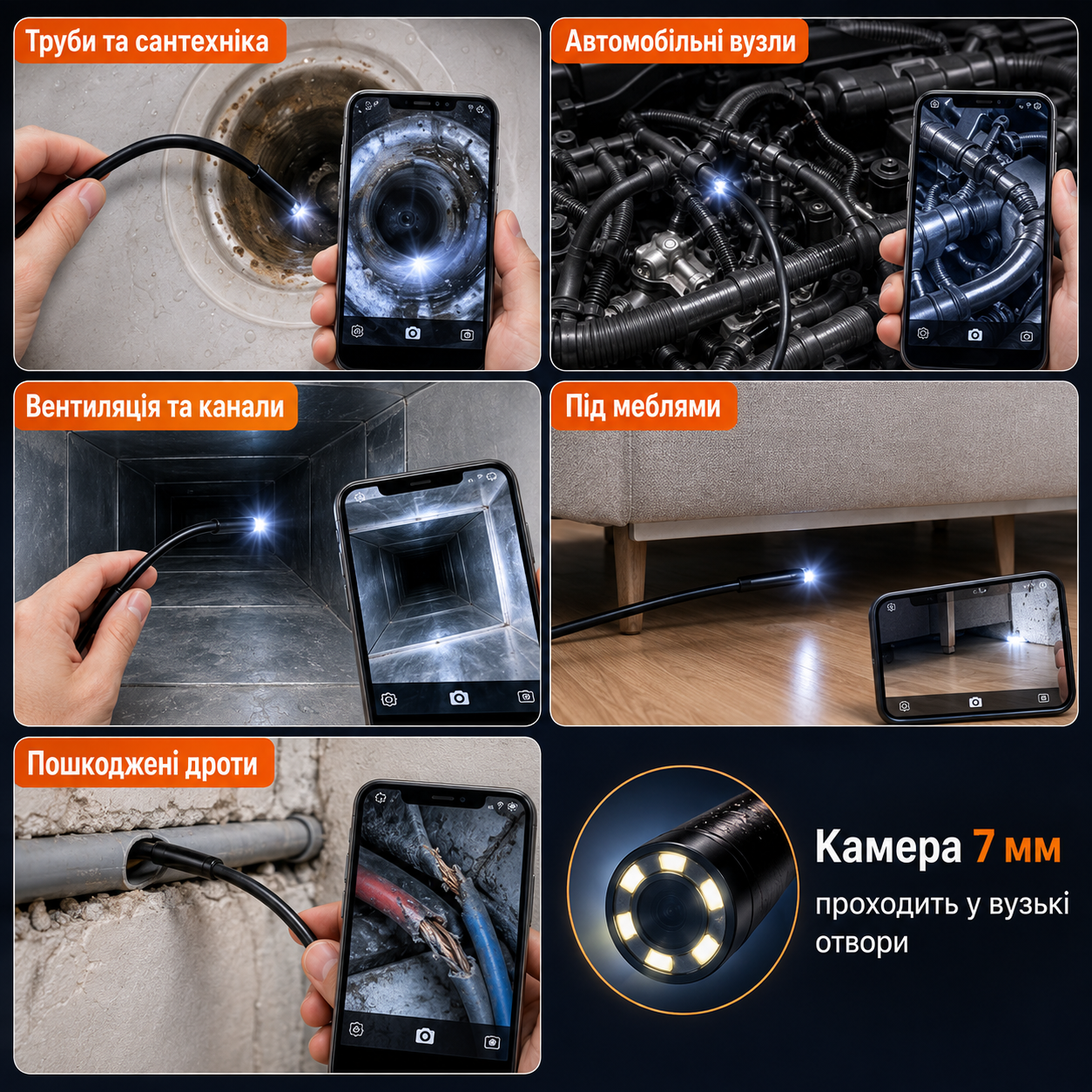 Камера-ендоскоп 7 мм з підсвіткою 6 LED, IP67, USB / Micro USB / Type-C для Android та ПК-thumbmail-2