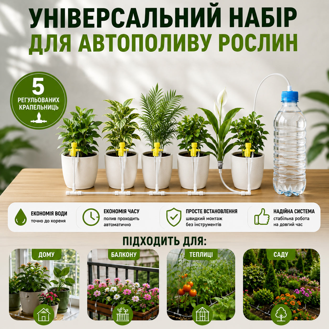 Набір зрошення й крапельного автополиву з пляшки для кімнатних рослин у вазонах (система, комплект)