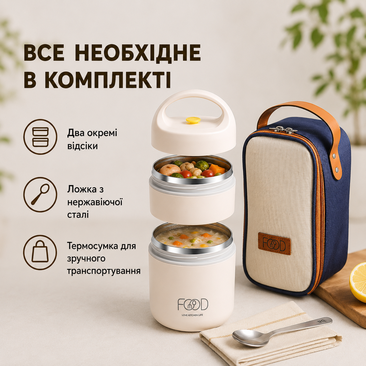 Харчовий термос для їжі 680 мл, ланч-бокс для обіду та супу, герметичний, з термосумкою, бежевий-thumbmail-2