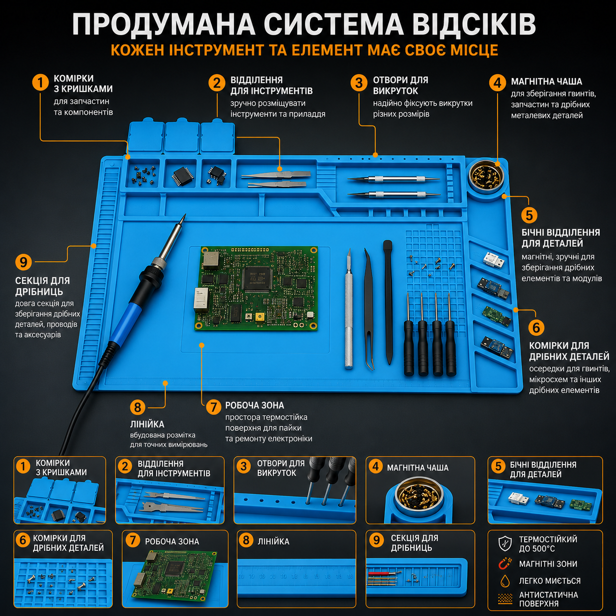Магнітний силіконовий килимок для пайки 45×30 см термостійкий до 500°C з органайзером для інструментів та деталей