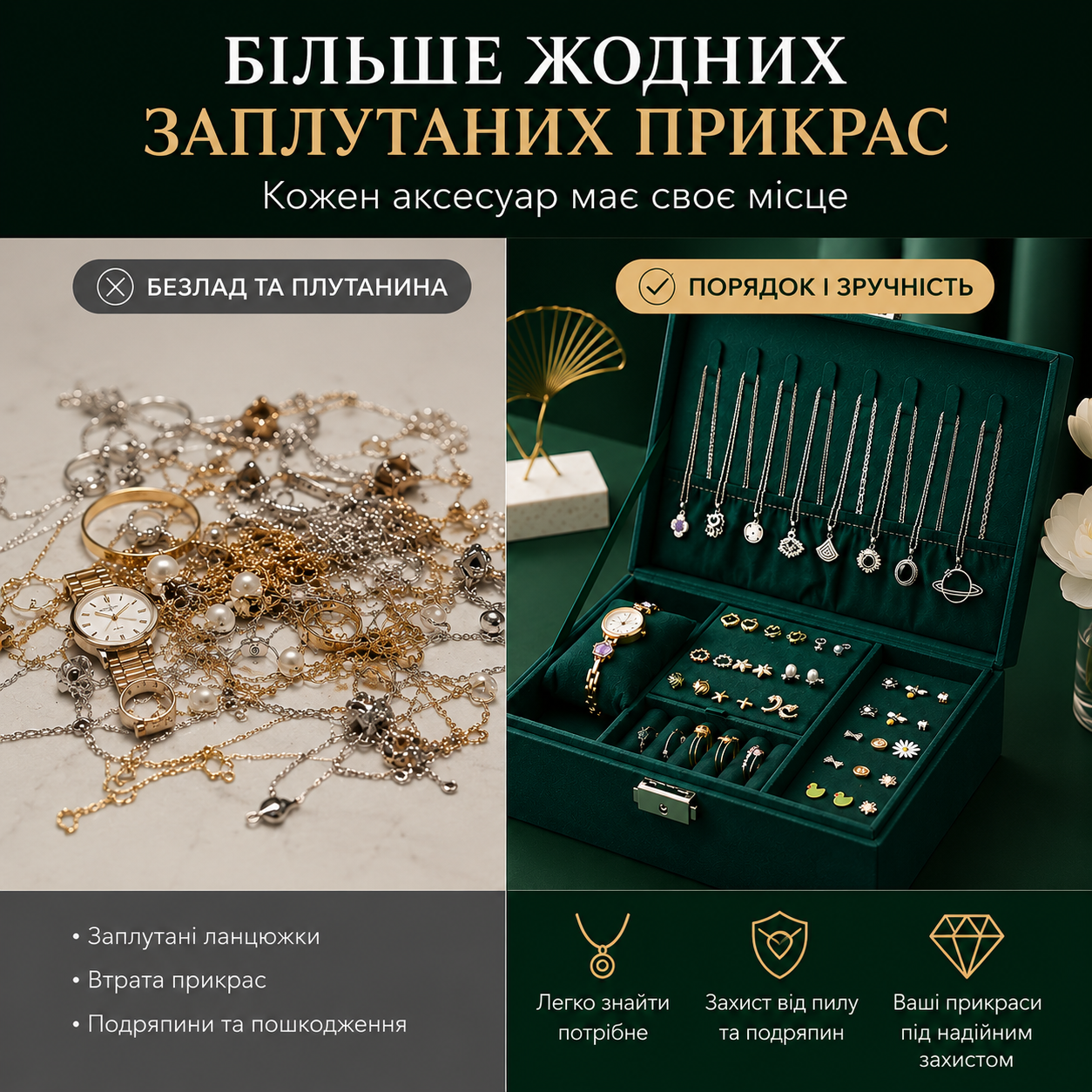 Дворівнева шкатулка-органайзер для ювелірних прикрас та біжутерії — оксамитова, із замком, 23×17×8,5 см, зелена-thumbmail-4