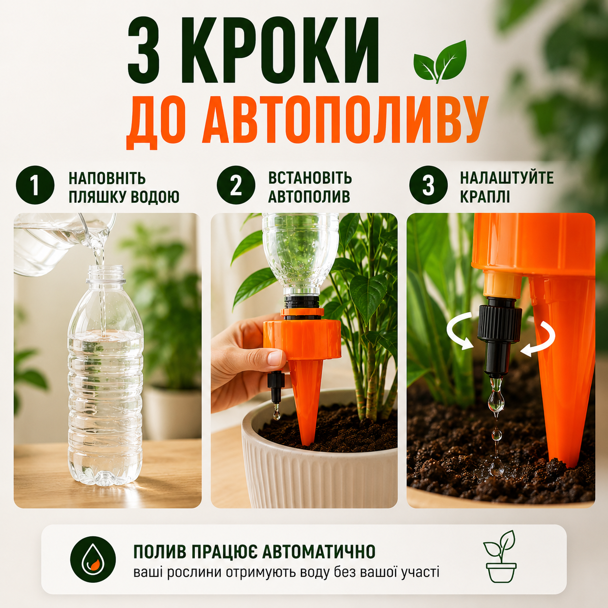 Автополив для рослин під пластикові пляшки, регульований крапельний полив, помаранчевий, набір 6 шт-thumbmail-4