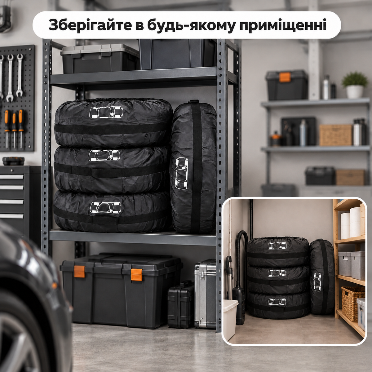 Чохли для автомобільних шин та коліс R13–R16, комплект 4 шт., до 66 см, з ручками та фіксацією