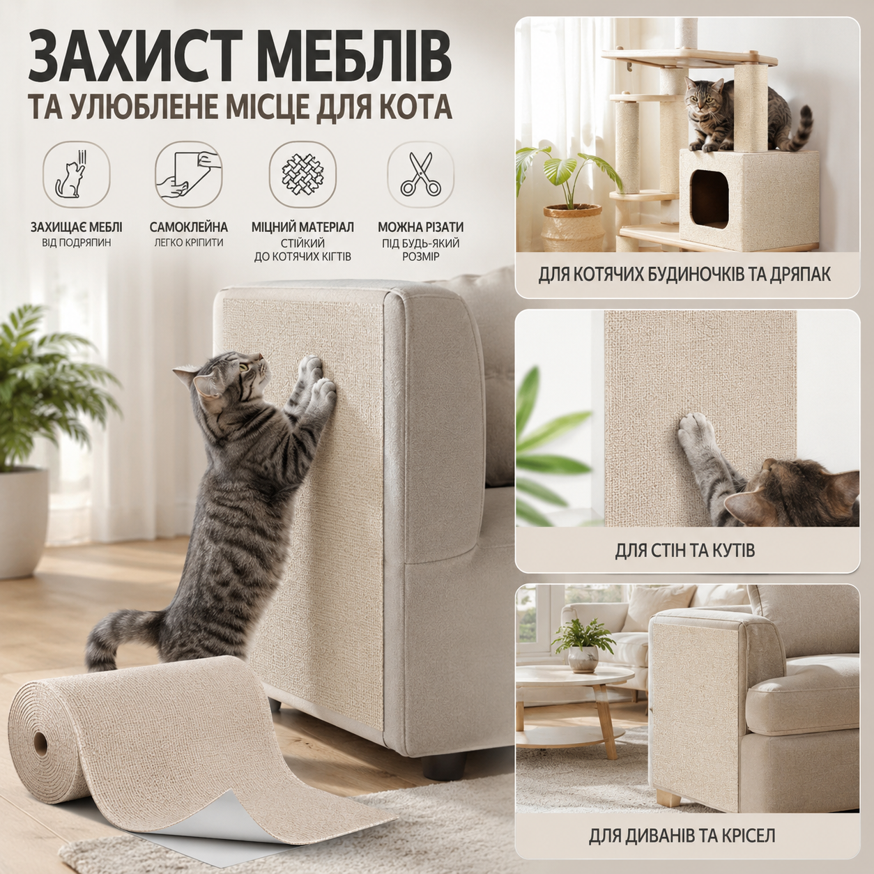 Самоклеюча кігтеточка-килимок для котів на диван (антицарапка дряпка-наклейка-антикіготь), 40×100 см