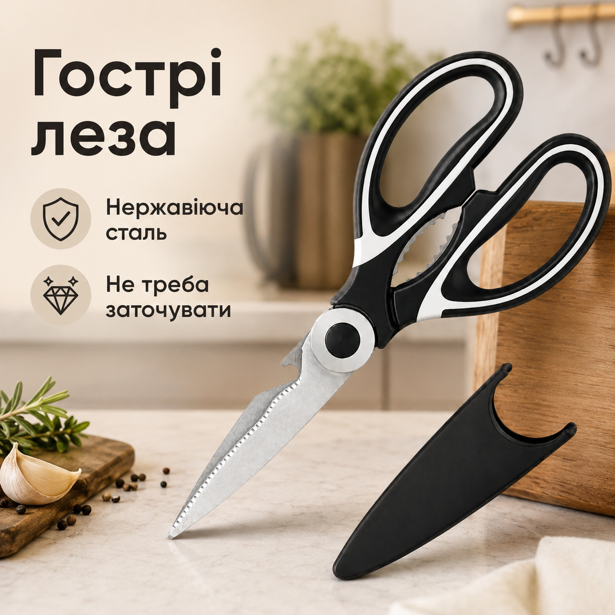 Кухонні ножиці універсальні 20,8 см з нержавіючої сталі, з горіхоколом та відкривачкою, чорні