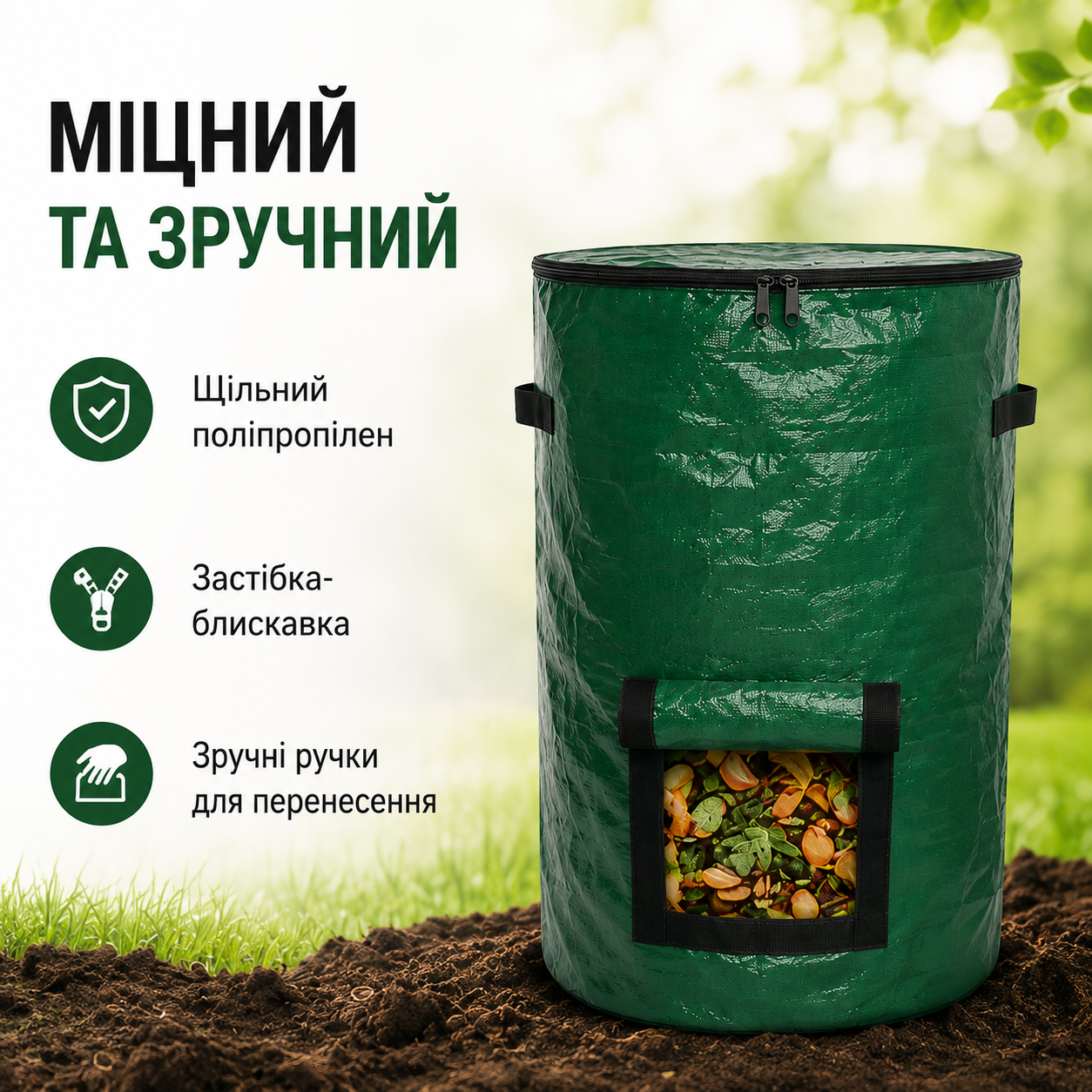 Мішок для компосту садовий 127 л, 80×45 см, поліпропіленовий, з ручками та блискавкою, зелений-thumbmail-2