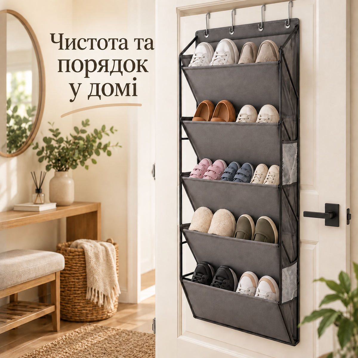 Підвісний органайзер на двері, 5 відділень, до 10 пар взуття, 108 × 42 см-thumbmail-2