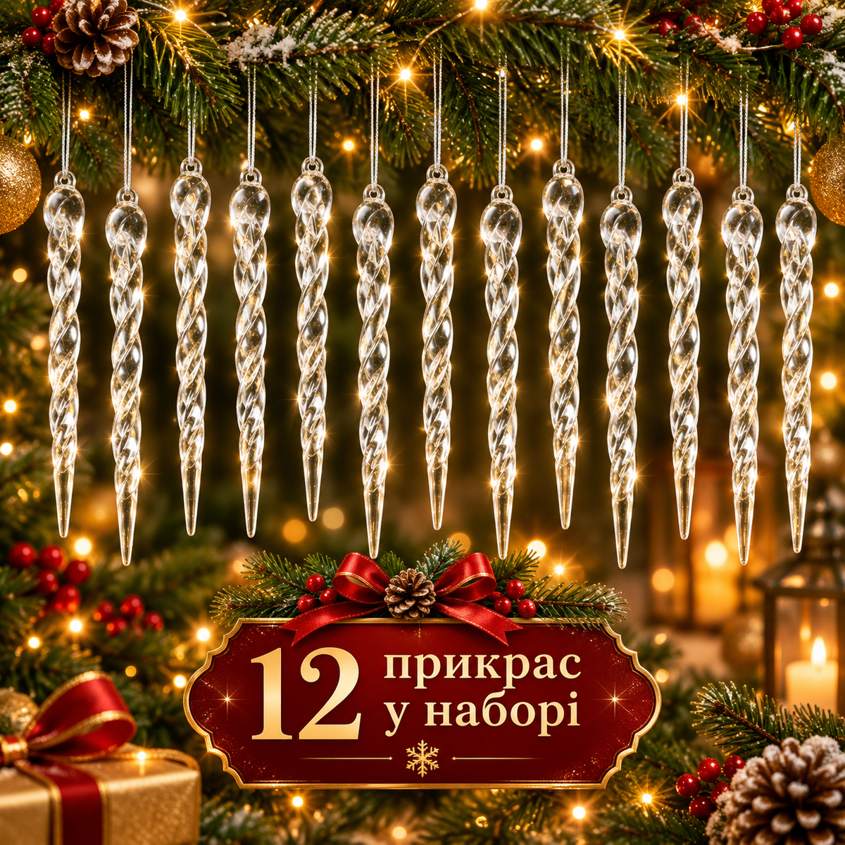 Новорічні прикраси бурульки 13 см для ялинки та святкового декору 12 шт-thumbmail-2
