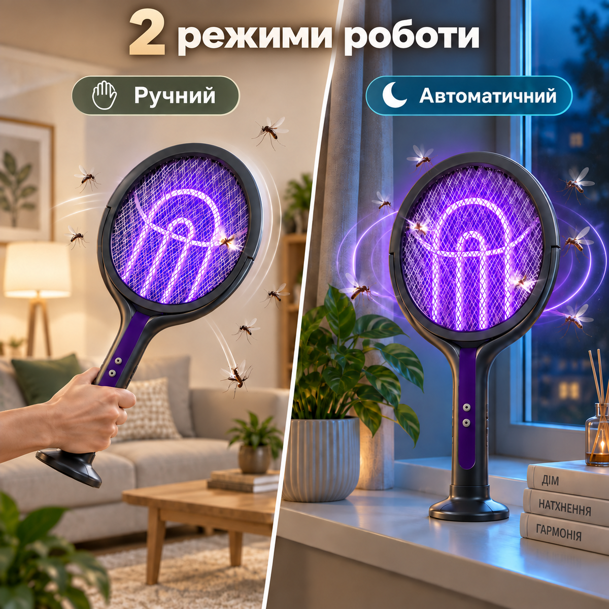 Електрична мухобійка з УФ-пасткою та телескопічною ручкою до 106 см, акумулятор 1200 мАгод