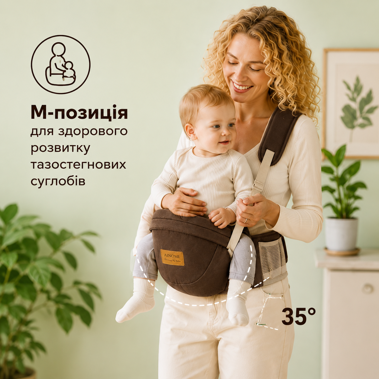 Хіпсіт AINOMI для дитини 3–36 місяців до 15 кг з плечовим ременем, блакитний