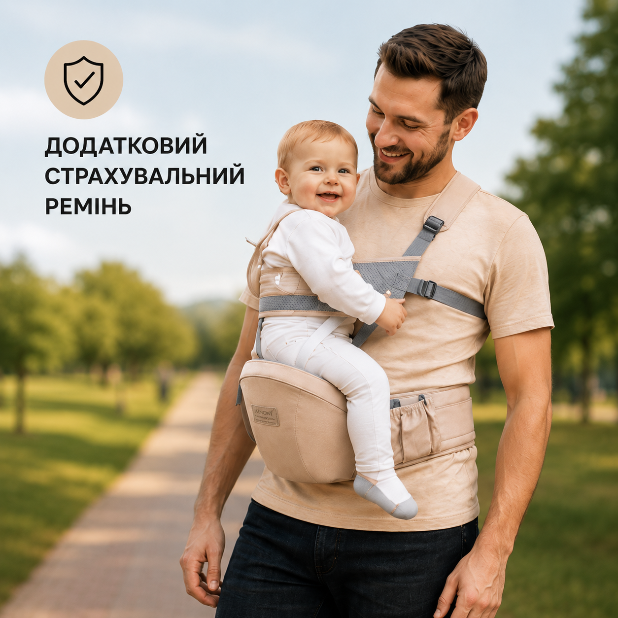 Хіпсіт-переноска для дитини 3–36 місяців до 15 кг зі страхувальним ременем, бежевий