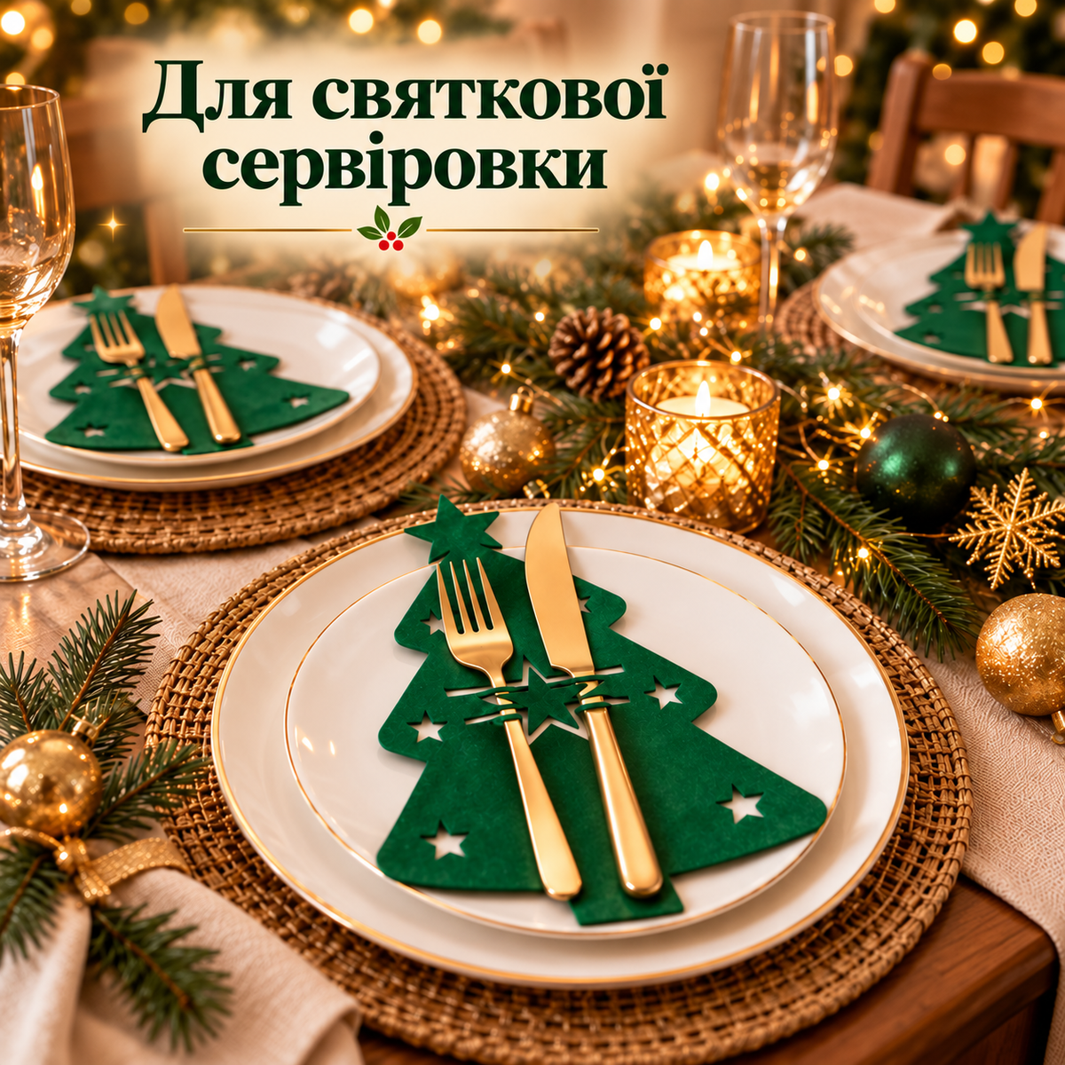 Конверти для столових приборів «Ялинка» 12 шт., новорічні, зелені, 21 × 17 см-thumbmail-2