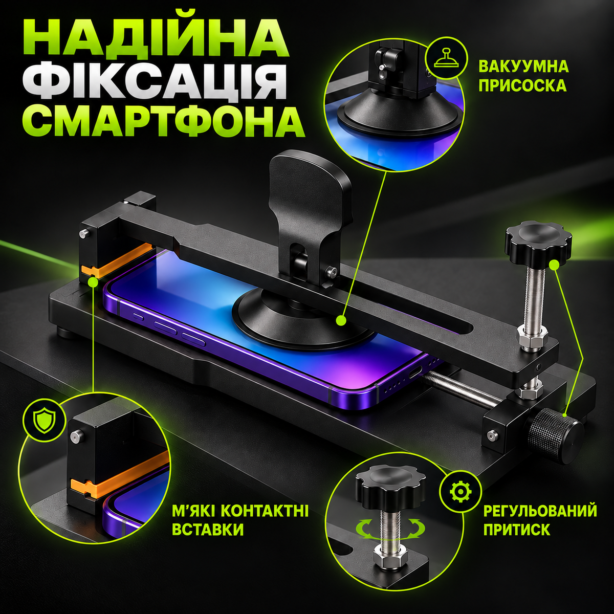 Тримач для зняття дисплея смартфона, модель iFixes iCF6, з вакуумною присоскою та регульованим притиском