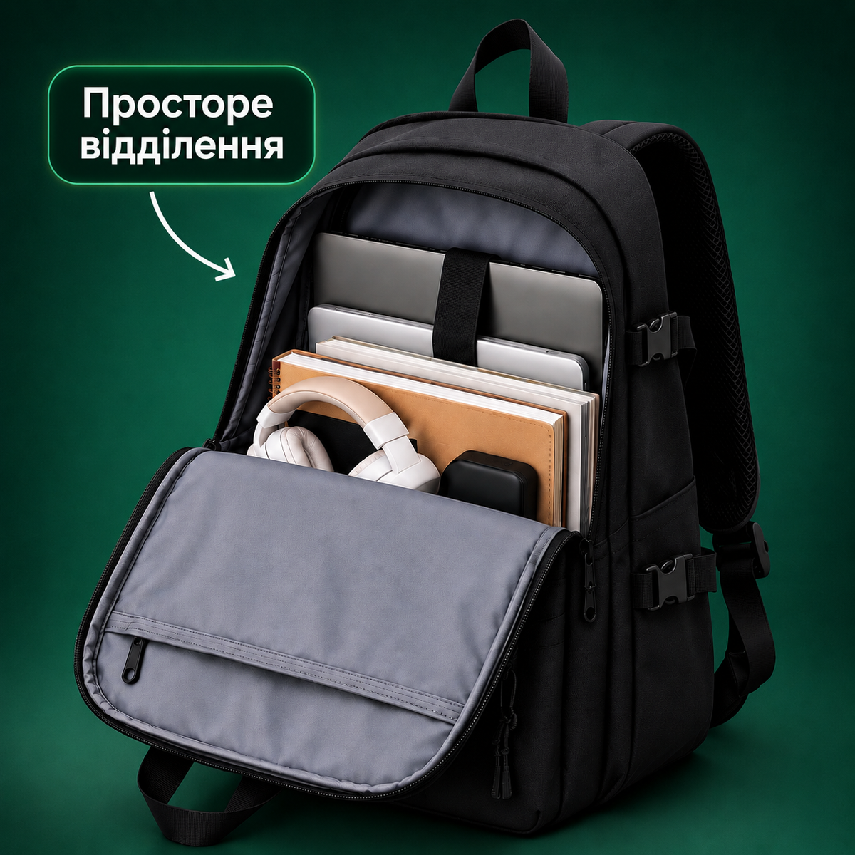 Комплект рюкзак, сумка через плече та пенал 3 в 1 для навчання і міста, чорний-thumbmail-2