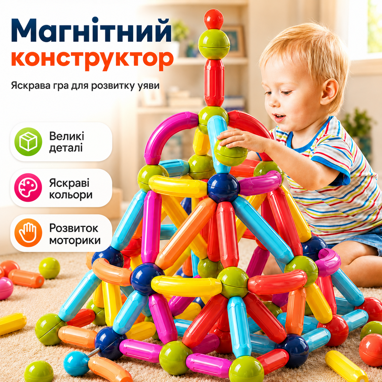 Дитячий магнітний 3D-конструктор Magnetic Sticks 100 деталей у кейсі — кольорові палички, кульки та блоки для розвитку логіки, моторики й творчості