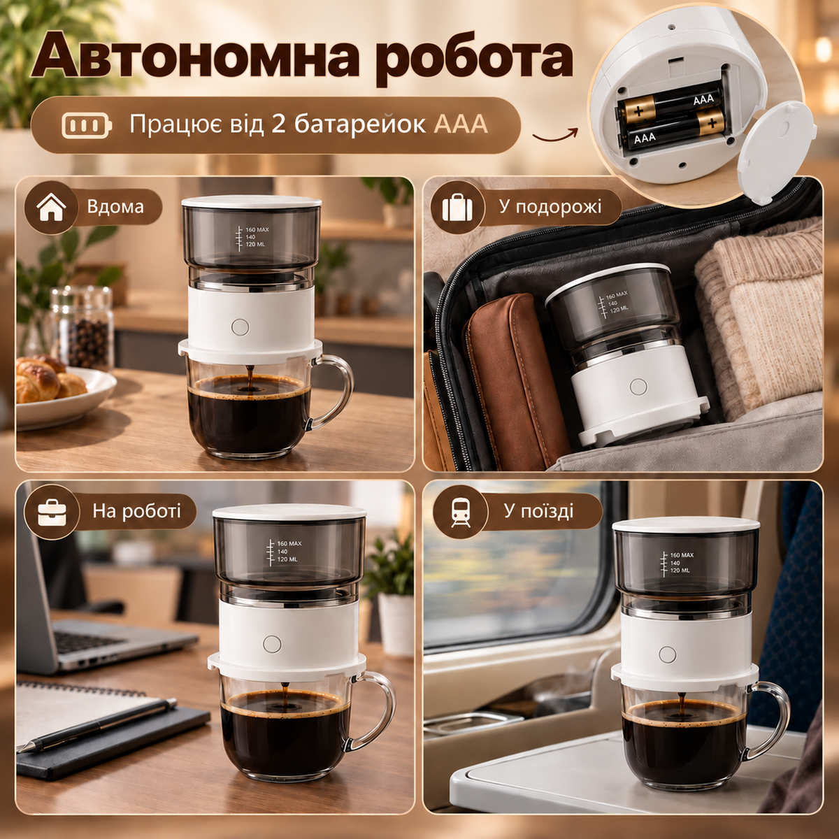 Автоматична кавоварка пуровер Pour Over 160 мл з багаторазовим фільтром SUS304, резервуаром Tritan та живленням від 2 AAA