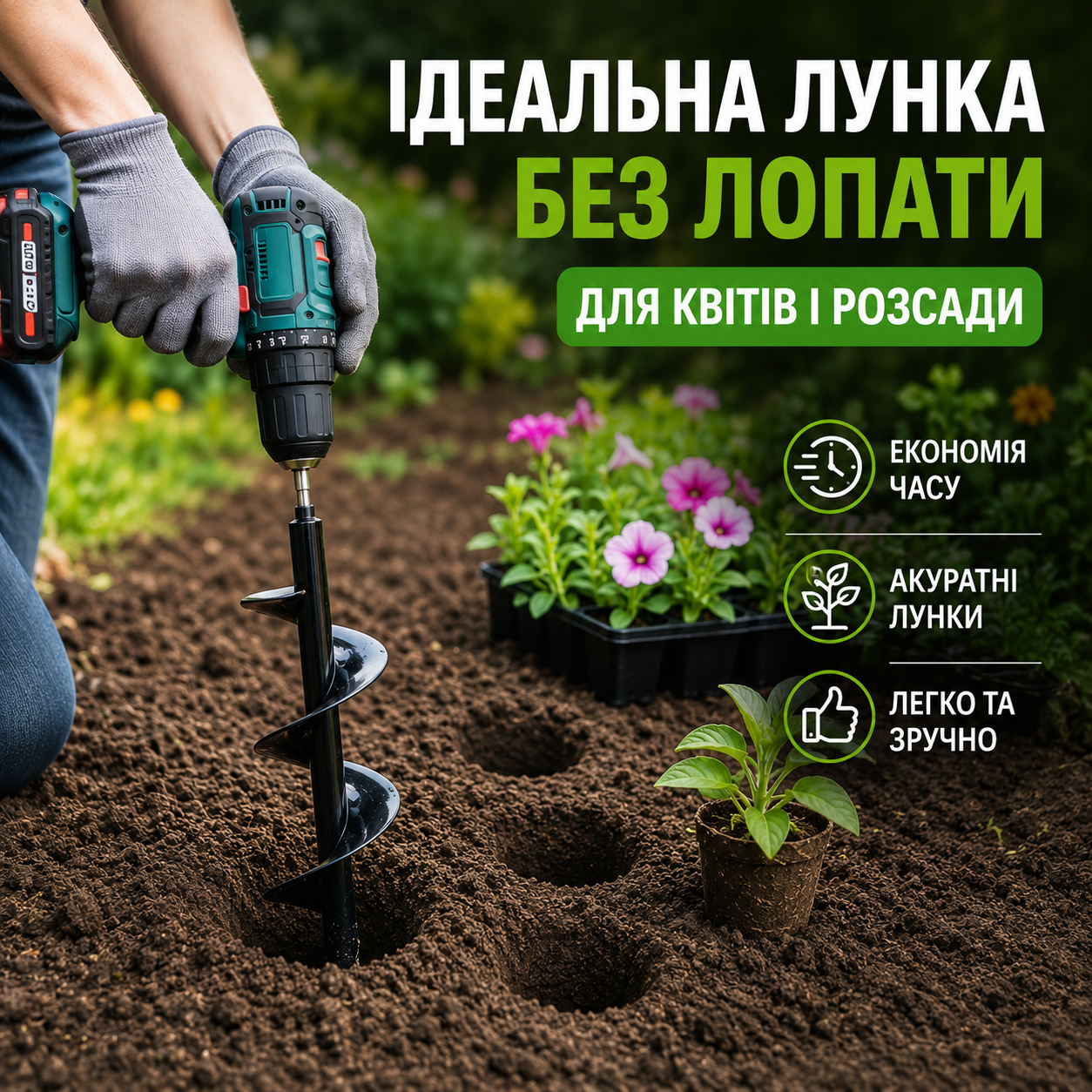 Садовий шнековий бур для дриля та шуруповерта 8×30 см для посадки рослин і розсади, інструментальна сталь-thumbmail-5