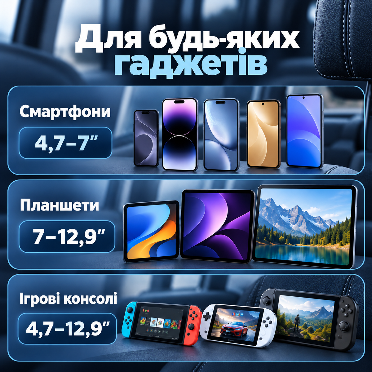 Тримач для телефона та планшета на підголівник автомобіля 4,7–12,9″, обертання 360°, чорний-thumbmail-3