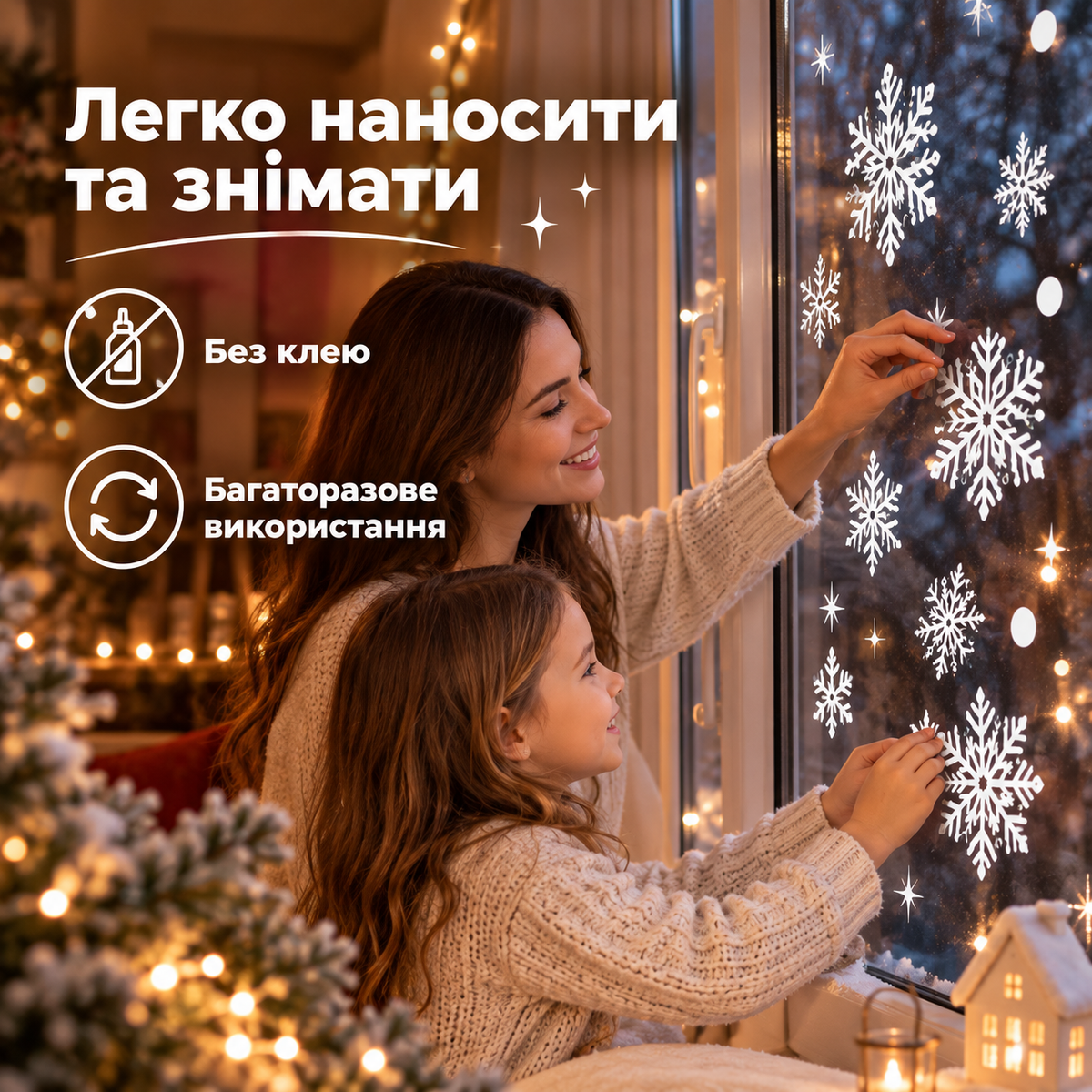 Наліпки-сніжинки на вікна, 197 шт. на 6 аркушах, багаторазове використання, з ПВХ, білі-thumbmail-3