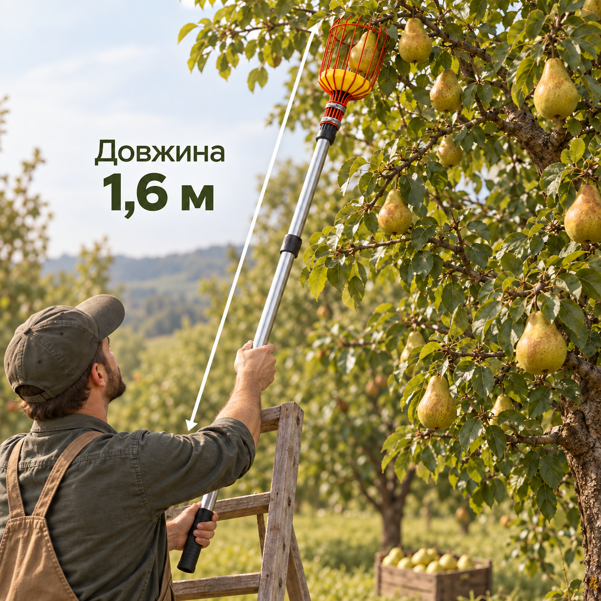 Плодознімач для яблук, груш та інших фруктів, довжина 1,6 м, металевий кошик, розбірна ручка 4 секції-thumbmail-3
