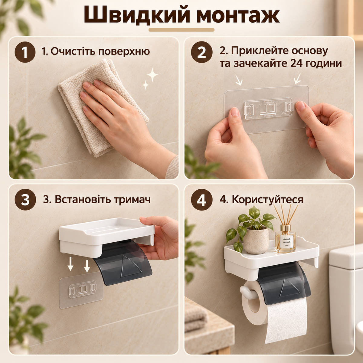 Настінний тримач для туалетного паперу з полицею, без свердління, білий-thumbmail-3