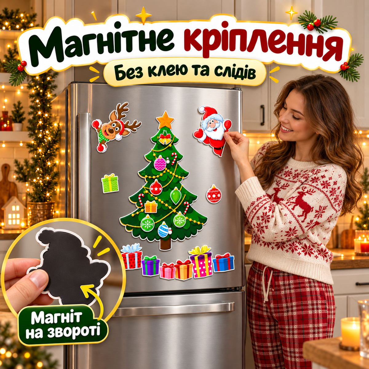 Новорічні магніти на холодильник для металевих поверхонь, магнітна новорічна ялинка на холодильник-thumbmail-3