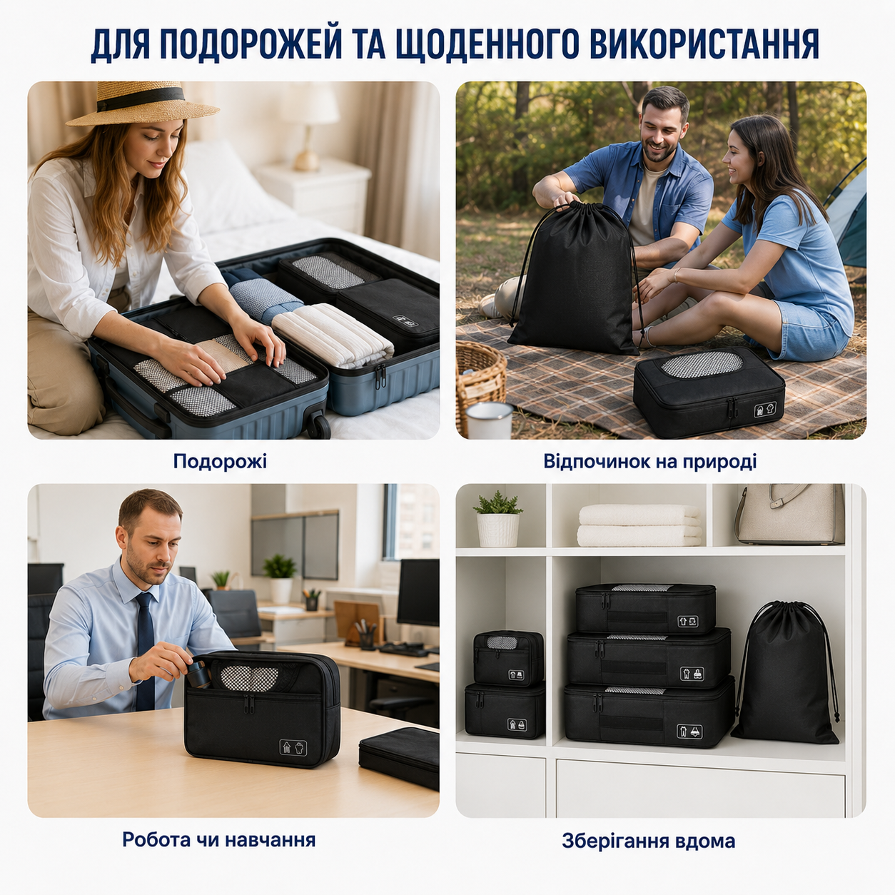 Набір дорожніх органайзерів для валізи 8 в 1, з прозорими вставками, косметичкою та чохлом для взуття, чорний-thumbmail-3