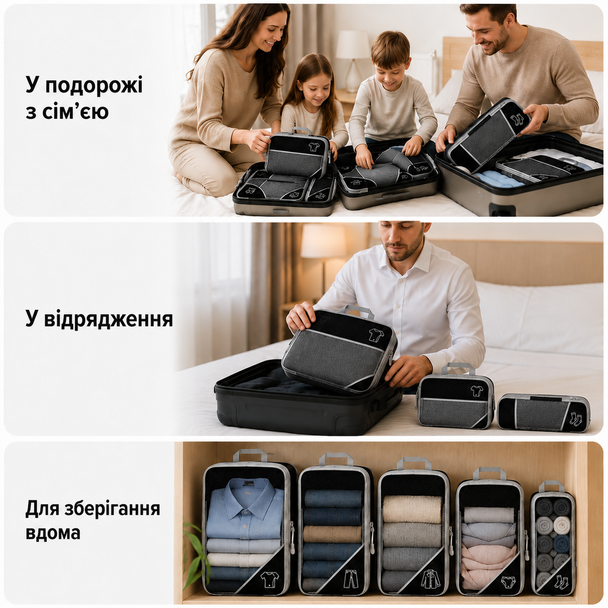 Компресійні органайзери для валізи 5 шт. з подвійною блискавкою та сітчастими вставками, чорні-thumbmail-3