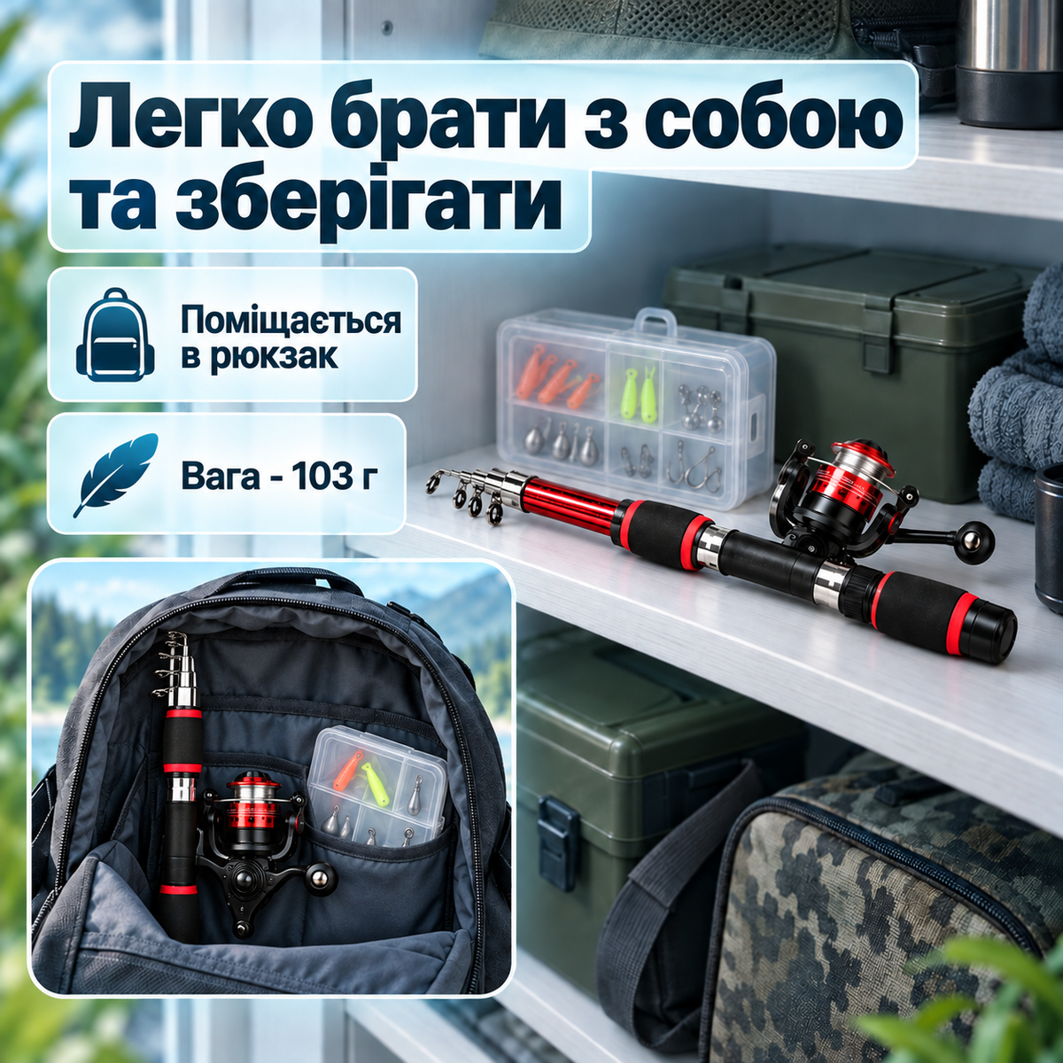 Телескопічна вудка 1,8 м з котушкою, спінінг з чохлом та набором рибальських аксесуарів-thumbmail-3