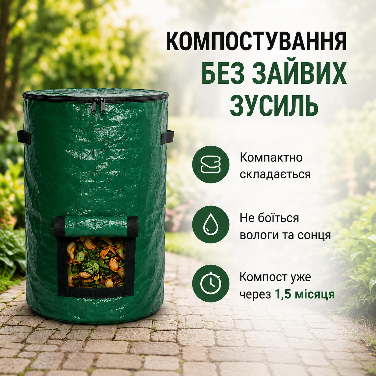 Мішок для компосту садовий 127 л, 80×45 см, поліпропіленовий, з ручками та блискавкою, зелений-thumbmail-3