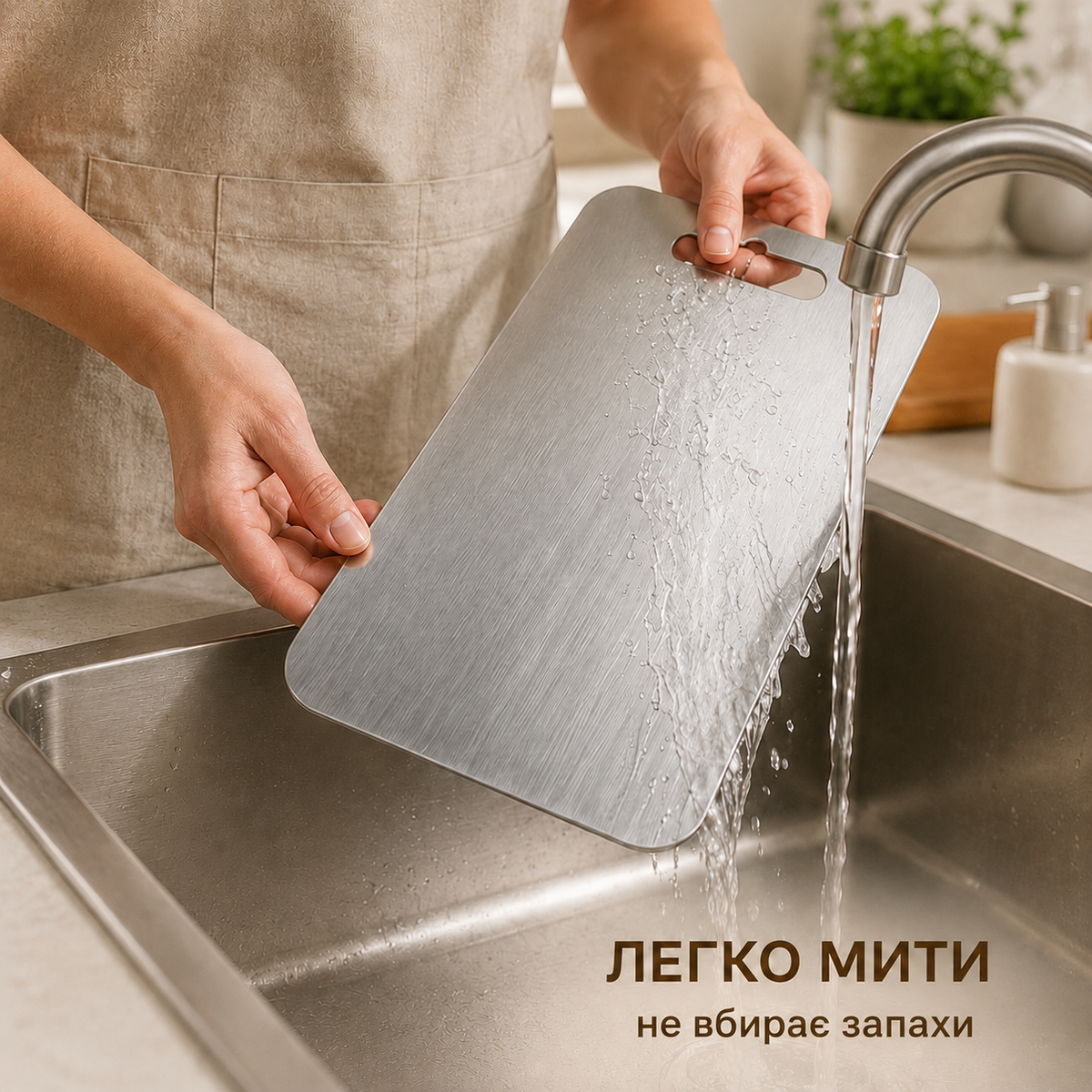 Дошка з нержавіючої сталі SUS 304, 29 × 20 см, двостороння, з ручкою, для будь-яких продуктів-thumbmail-3