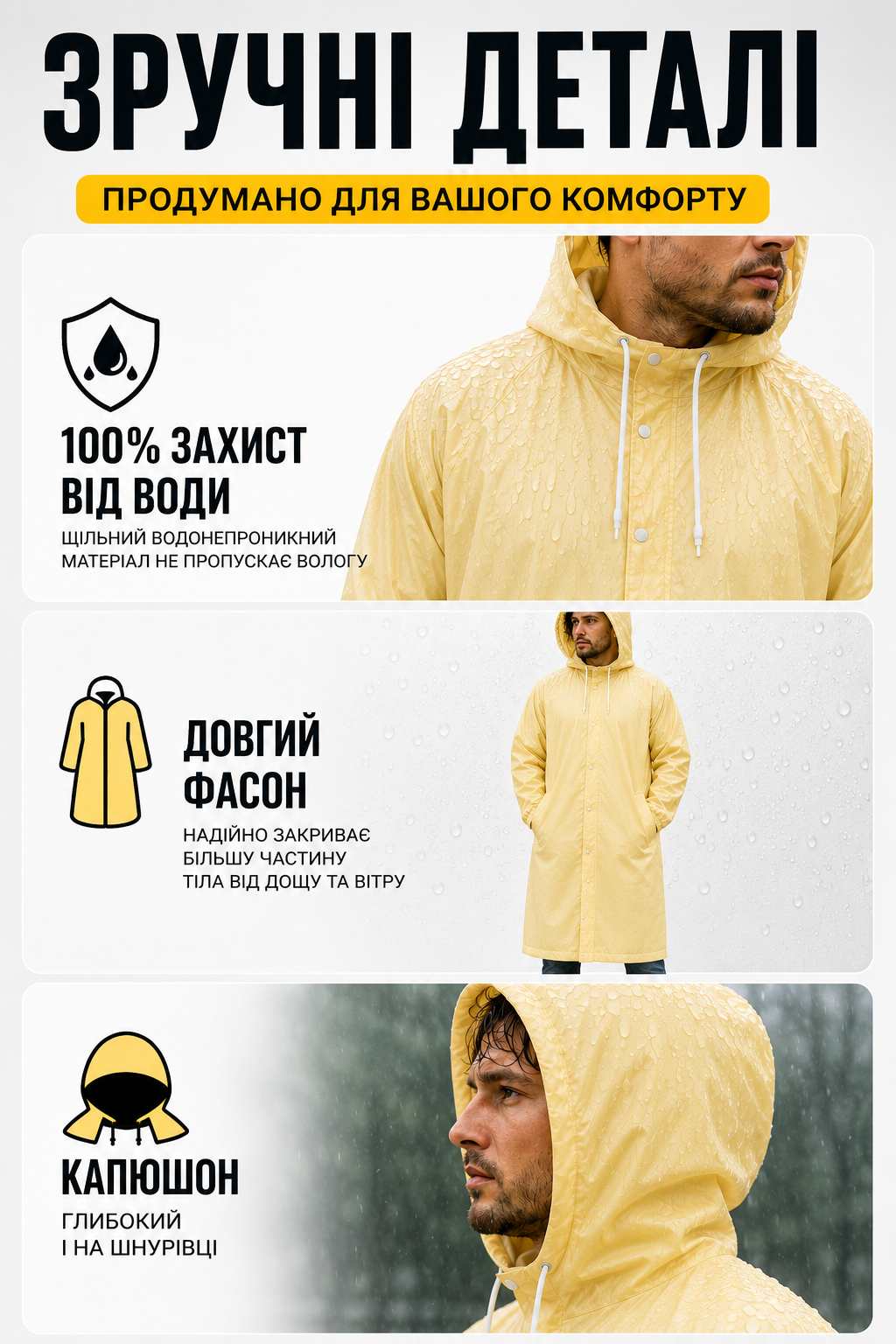 Жіночий чоловічий дощовик One Size з капюшоном від дощу (довгий унісекс плащ на кнопках)-thumbmail-3