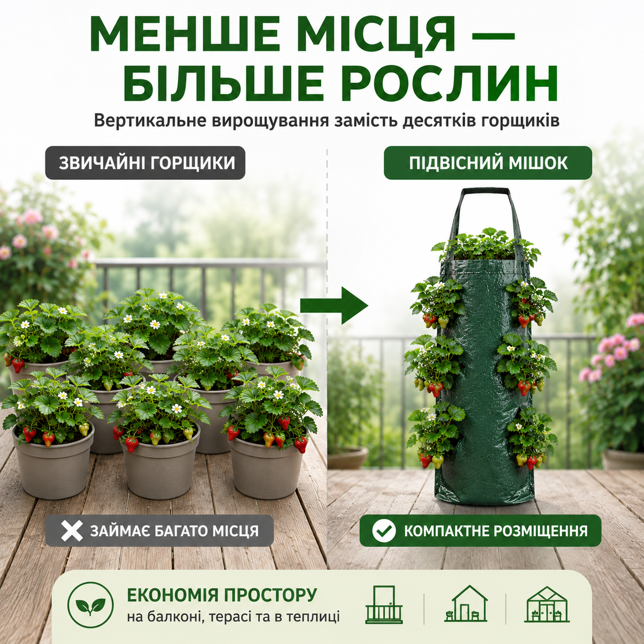 Підвісний багаторазовий мішок для вирощування полуниці, зелені та квітів, 8 посадкових отворів, 70×25 см, зелений-thumbmail-5
