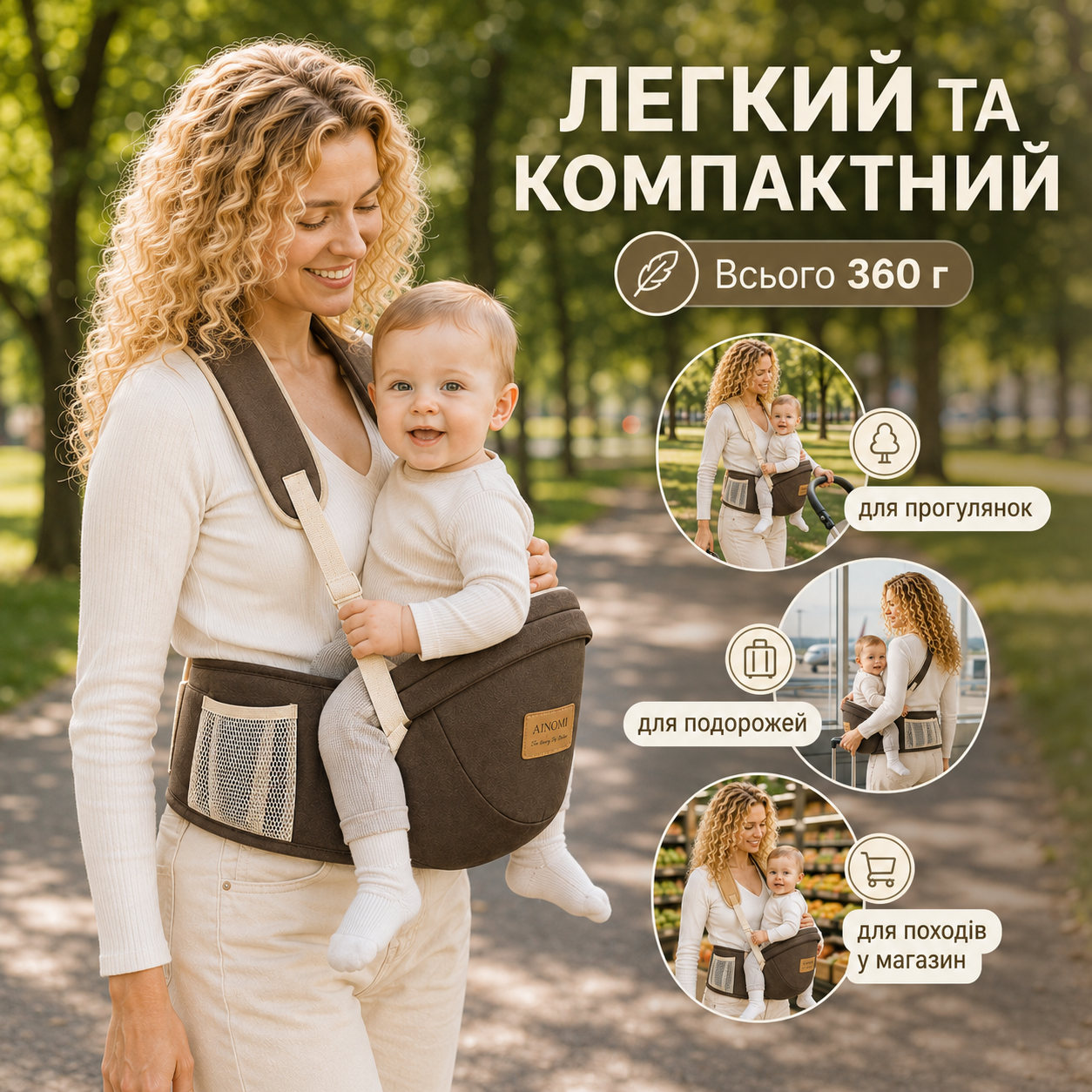 Хіпсіт AINOMI для дитини 3–36 місяців до 15 кг з плечовим ременем, коричневий-thumbmail-3