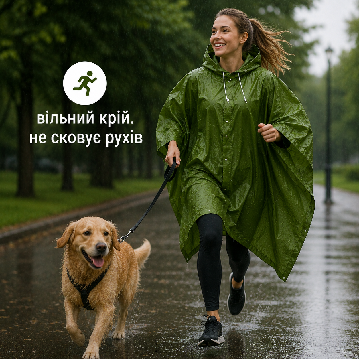 Пончо-дощовик багаторазовий EVA з капюшоном, універсальний розмір, зелений-thumbmail-3