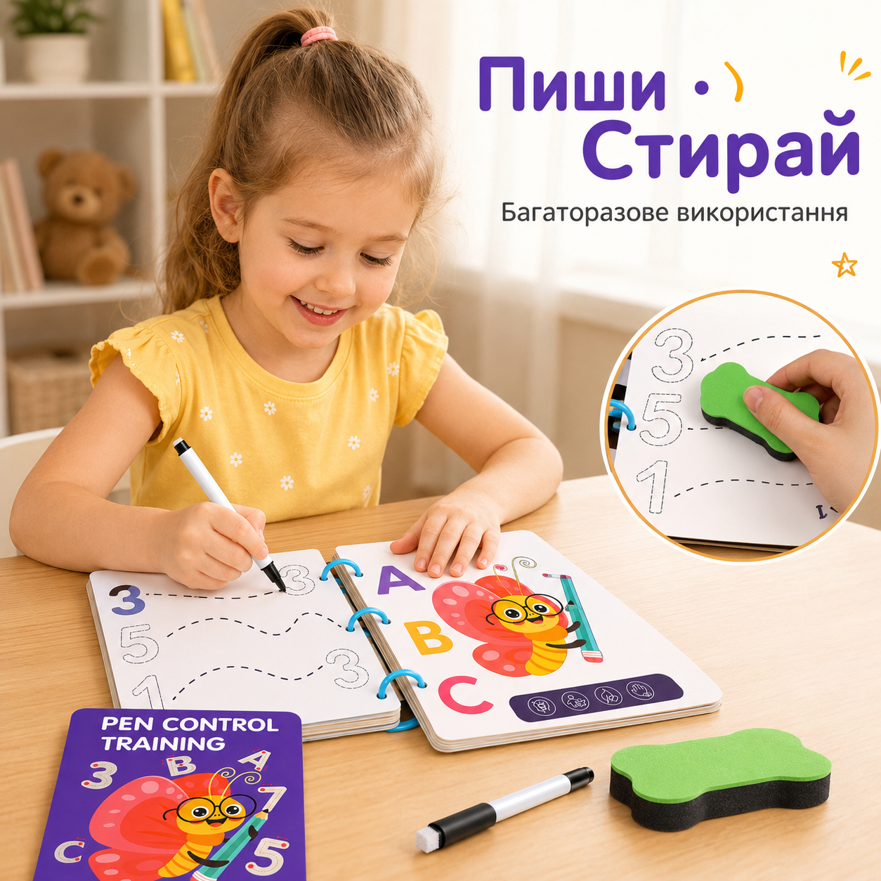 Книга для письма та розвитку моторики, багаторазова, з маркером 96 сторінок-thumbmail-3