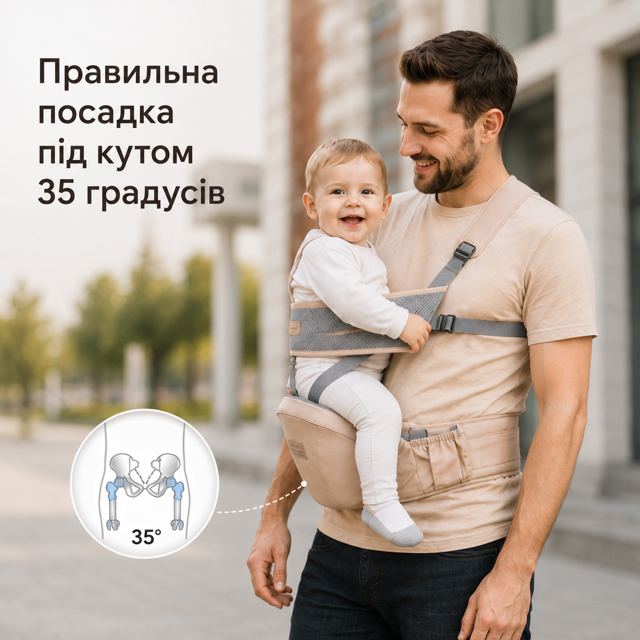 Хіпсіт-переноска для дитини 3–36 місяців до 15 кг зі страхувальним ременем, бежевий-thumbmail-3