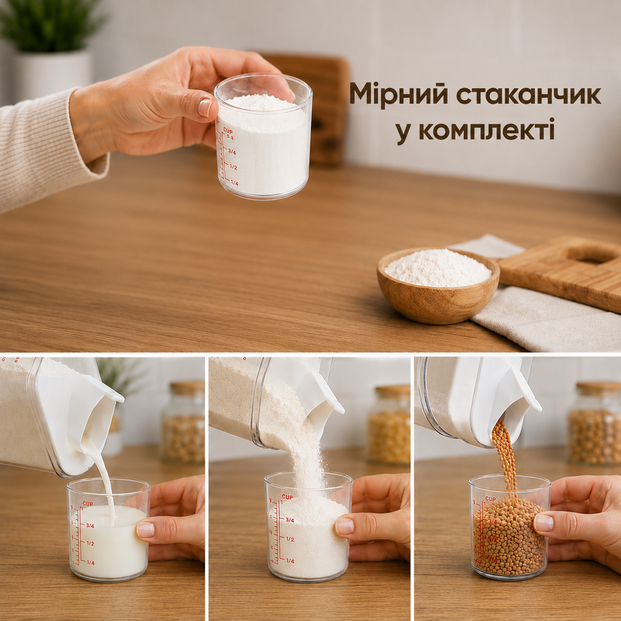 Контейнер для порошку, круп і сипучих продуктів, 1,1 л, з герметичною кришкою та мірним стаканчиком 150 мл-thumbmail-3