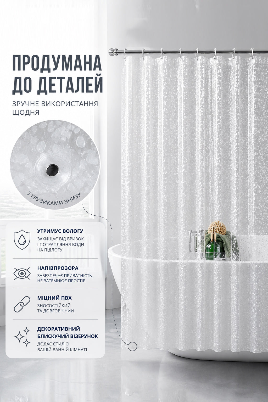 Шторка-фіранка для душа й ванної кімнати (напівпрозора душева штора з блискітками) 180*180 см-thumbmail-3